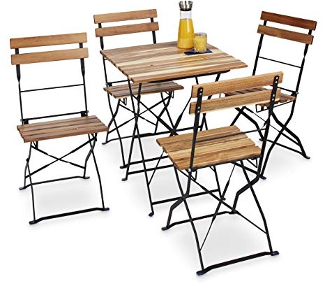 Relaxdays set med 4 trädgårdsstolar, vikbar, metall, naturligt trä, inga armstöd, HxBxD: 84 x 42 x 44 cm, naturligt brun