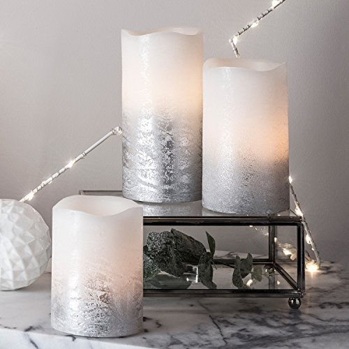 Lights4fun Set of 3 Silver Grey Ombre Real Wax Battery Operated Flameless Flickering LED Candles with Timer