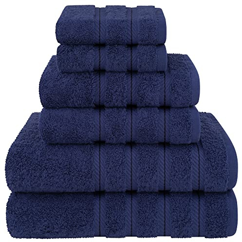 American Soft Linen, 6 Piece Towel Set, 100% Turkish Cotton Towels for Bathroom Soft Absorbent 2 Bath Towels 2 Hand Towels 2 Washcloths, Navy Blue