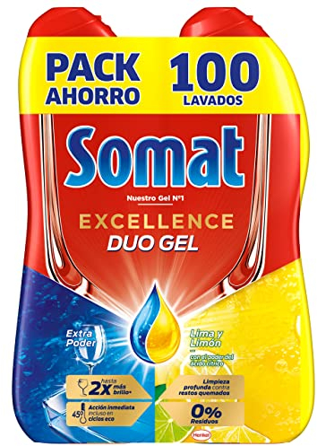 Somat Excellence Gel Lime et citron (100 lavages), lave-vaisselle liquide automatique en bouteille, détergent dégraissant, élimine la saleté incrustée