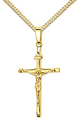 JEVELION Kreuzanhänger Jesus Christus mit INRI-Gravur und Panzer-Kette für Damen, Herren und Kinder als Gold-Kreuz-Ketten-Anhänger mit Schmuck-Etui + Kette