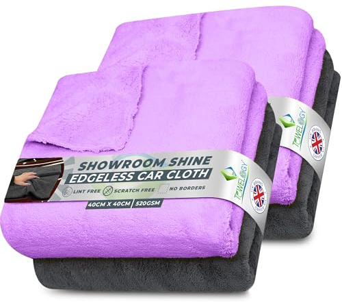Towelogy® 520gsm Professional Microfibre Edgeless Car Cloths QUICK DRY for Auto/Moto Detailing Polishing Washing STREAK FREE & LINT FREE 40x40cm (Grey/Lilac Purple, Pack Of 4)