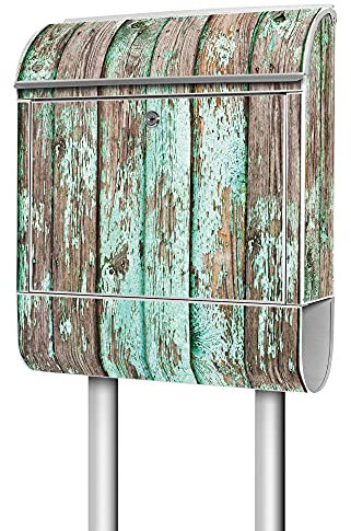 banjado® Briefkasten mit Standfuß Motiv Verwittertes Holz - Stand Briefkasten mit Zeitungsfach pulverbeschichtet aus Stahl weiß - Postkasten A4 Einwurf inkl. Montagematerial & 2 Schlüssel
