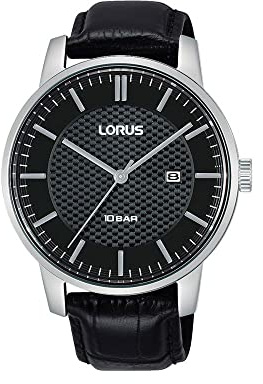 Lorus Mens Silver Dress Watch with Black Leather Strap & Black Dial