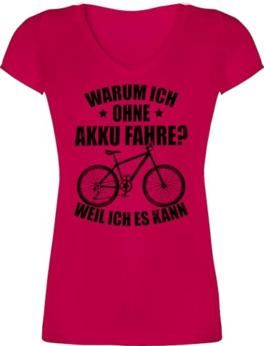 T-Shirt Damen V Ausschnitt - Radsport - Warum ich ohne Akku fahre - Weil ich es kann - schwarz - XXL - Fuchsia - Tshirt Fahrrad Rad Fahren Shirts Radfahrer Shirt rennrad Tshirts radel Kurzarm
