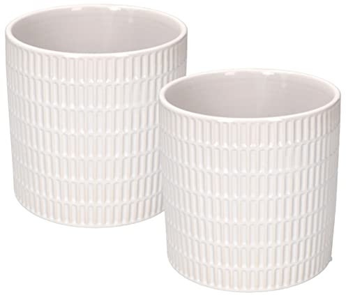 KOTARBAU® 2 x Maceta cilíndrica de cerámica esmaltada, Ø12 cm, Tiesto Decorativo para Flores y Plantas, Macetero Redondo para Interiores, Minimalista, Blanco, Acabado Brillante, Patrón Ranuras, 2 UDS