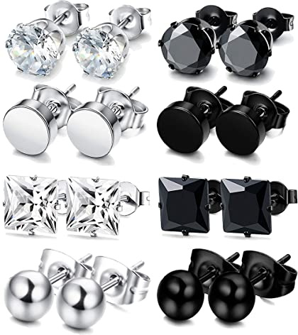 KALVICA 8/10 Pairs Stainless Steel Earrings Men Women Hypoallergenic Stud Earrings Silver Black Cubic Zirconia Round Earrings Unisex Huggie Pierced Earrings