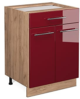 Vicco Küchenunterschrank Fame-Line, Bordeaux Hochglanz, 60 cm | MDF-Front · Ohne Arbeitsplatte · Höhenverstellbare Füße · Metallgriffe · Soft-Close
