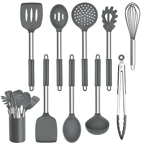 Homikit Silikon Küchenhelfer Set, 10-teiliges Küchenutensilien Kochutensilien Set mit Edelstahlgriff, Antihaft Hitzebeständiger Kochgeschirr Set, Spülmaschinenfest, Grau