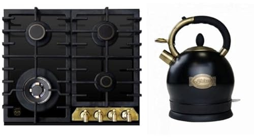 Kaiser Gas-Kochfeld, Gas-Kochfeld,60cm, Schwarz Glas, Retro Einbau Herd, 3,8kW WOK Facette vorne Metallplate Bronze, Brenner Gold + WK 2000 Em Exklusiver Retro Wasserkocher Kontroll LED 2 L 1800W