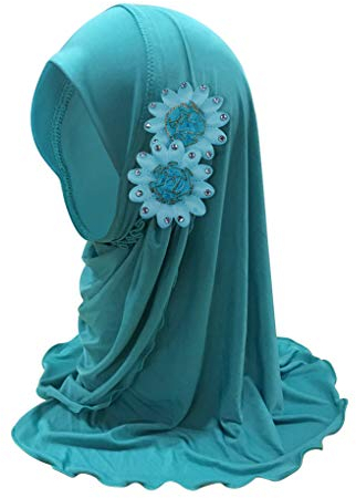 Mädchen Muslimischer Hijab Kinder Bandana Kopftuch Hut Mädchen Moslem Schal Turban Hut mit Blumen Sommer Arabische Hals Islamische Kopfkappe Kopfbedeckung Sonnenschutz Kappe, 2-7 Jahre alt (Blau grün)