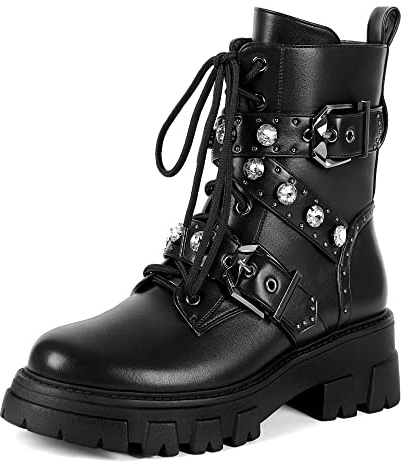 SHEOMSIE Motorcycle Boots for Women Combat Boots Chains Studded Pearl Boots Military Lace Up Ankle Boots Side Zipper Goth Boots Bukle Boots for Women