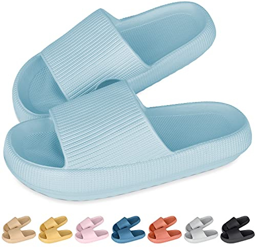 DOUCO Cozislides Tofflor för kvinnor och män, Cloudyzz-tofflor mysiga molntofflor, badtofflor, gummi, halkfria, öppen tåseparator, perfekt för sommar och trädgård, badtofflor