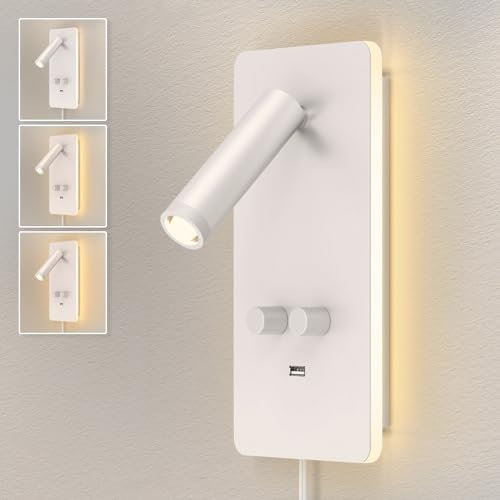 HYMELA Lampada da Parete M04 LED Regolabile (0,9-3,7W) - Luci per Lettura con USB, Retroilluminazione 1,2-6W, per Libri, Alimentazione a Presa o Cablata，Bianco