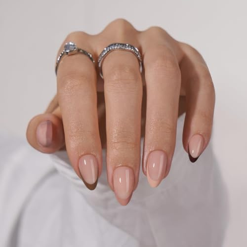 BTArtbox False Nails Short, Autumn Press On Nails Almond, Supremely Fit & Natural French Tip Stick On Nails For Women, in 16 Sizes - 32 Soft Gel Fake Nail Kit, Morning Coffee