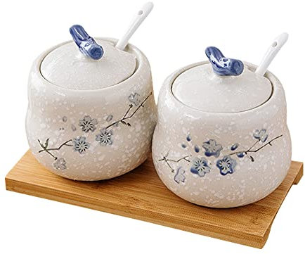 YMYL Lot de 2 bols à sucre en céramique de 382,7 g avec couvercle et cuillère pour servir du sucre, du sel, du poivre (2 pièces avec cuillères et plateau)
