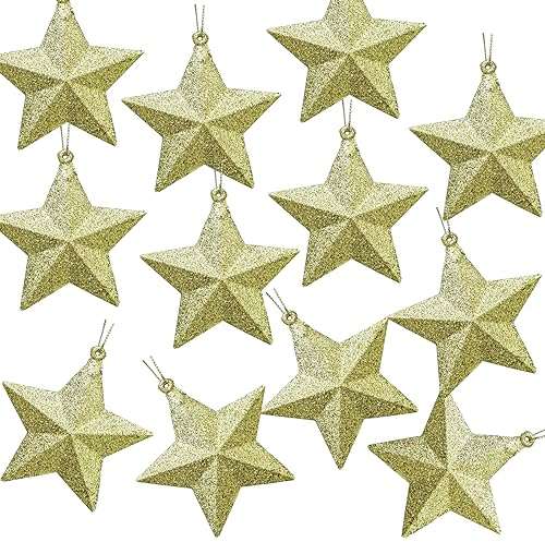 ATB-Foger 12PCS Weihnachtsdeko Gold Stern Weihnachten Deko Christbaumschmuck Weihnachtsbaum Anhänger mit Lanyards Für Baumschmuck,Kamin,Fenster,Advent,Tischdeko 6CM