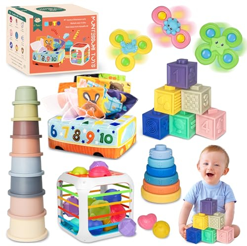 MutoToy® Montessori Spielzeug ab 1 Jahr, 6 in 1 Baby Spielzeug ab 6 9 12 Monate, Motorikspielzeug mit Stapelturm, Stapelbecher Baby, Sensorik Spielzeug, Softbausteine, Saugnapf Spielzeug, Tücherbox