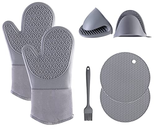 Gant de cuisine en silicone et manique avec mini gants de cuisine et brosse, gants de cuisine extra longs avec poignée pincée, dessous de plat, gants de cuisine pour barbecue, cuisine et grillades