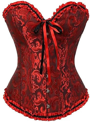 Springcmy Corsetto da donna taglie forti con ossatura, bustino modellante con pizzo floreale, con volant in vita, push up, A-nero rosso, M