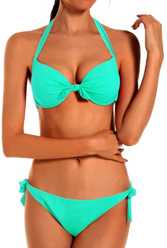 EONAR Bikiniset för kvinnor, badmode, nackstöd, push-up, bikinitopp, justerbar sidobindning, tvådelad dambaddräkt, tvådelad baddräkt, Ljusgrön, XL