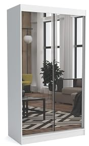 Brent - Kleiderschrank mit Spiegel Dave, 120cm Breit, Schlafzimmerschrank mit 1 Kleiderstange und Einlegeböden für Kleidung, Kleiderschrank Weiß