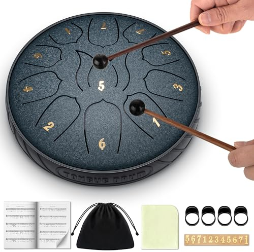 CAHAYA Steel Tongue Drum 6 Zoll 11 Töne: Zungentrommel Schlagzeug Anfänger, Handpan mit Notenbuch, Trommelstöcken, Steel Pan Töne Drum Schlaginstrument für Meditation Yoga, Dunkelblau CY00373-1