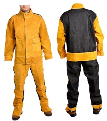JISADER Giacca da saldatura in pelle, pantaloni, giacca da lavoro resistente al fuoco per cappotto da saldatura da uomo, giallo, XL