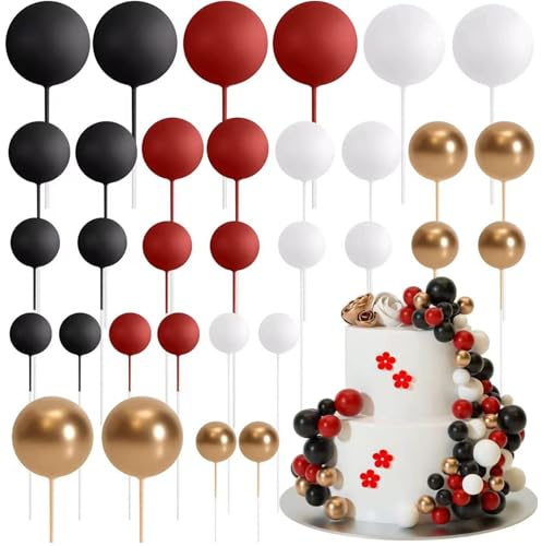 Ledeak 32 Piezas Bolas Decoración para Tartas, Adornos de Bolas para Pasteles Espuma Decoración, Topper Cake Bola Decoración de Inserción de Pastel para Cumpleaños Bodas (Negro, Rojo, Blanco, Dorado)