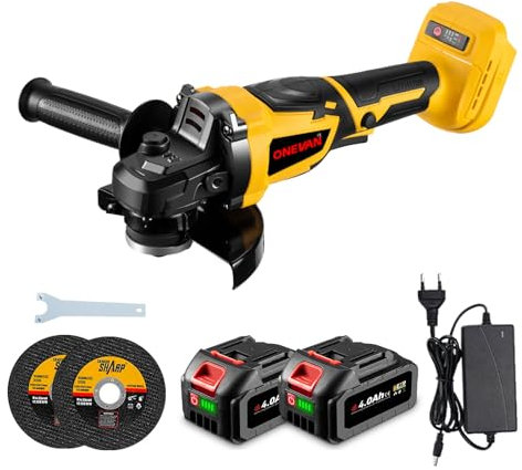 ONEVAN Akku Winkelschleifer, 125mm Bürstenloser Winkelschleifer mit 2 Akkus, 3 Gang Regelbare Drehzahl, 850W Akku Trennschleifer Angle Grinder mit Drehzahlregelung