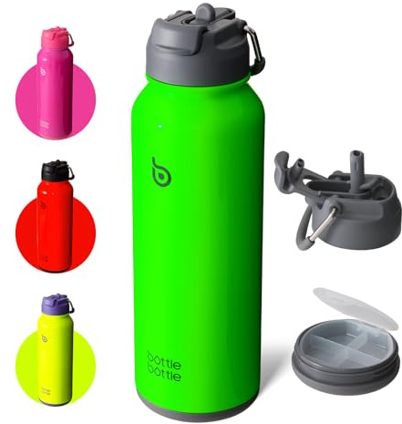 BOTTLE BOTTLE Sports Water Bottle, Stainless Steel, Thermal Flask with Straw and Pill Holder, 1.2 L, Lime Green
