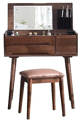 ZONABSQQ Schminktisch Schminktisch aus massivem Holz, Schminktisch-Set für Frauen mit Klappspiegel, Make-up-Hocker für Schlafzimmer, Ankleidezimmer, Badezimmer Multifunktion
