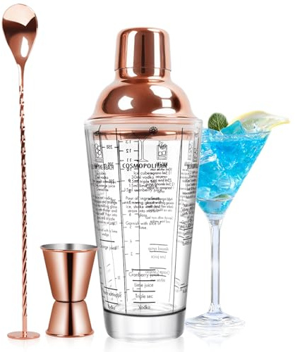 SAVORLIVING Ensemble de gobelets à Cocktail en Verre de 14 oz, Mélangeur à Margarita avec passoire, Jigger et cuillère à mesurer, Set de Bar Professionnel pour Barman et débutants (Rose)