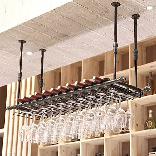 AEGCAOJH Weinregal Hängender Flaschenhalter aus Metall für die Decke, Weinaufbewahrungshalter im Vintage-Stil mit Stielglasregal, an der Wand montiertes Weinregal, umgedrehte Weinbecher (Gr