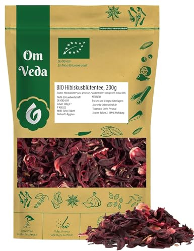 BIO Hibiskusblüten ganz getrocknet - Hibiskusblütentee - Premium Qualität Hibiskustee - Ideal für Hibiskustee, Salate, Desserts und mehr - OmVeda (200g)