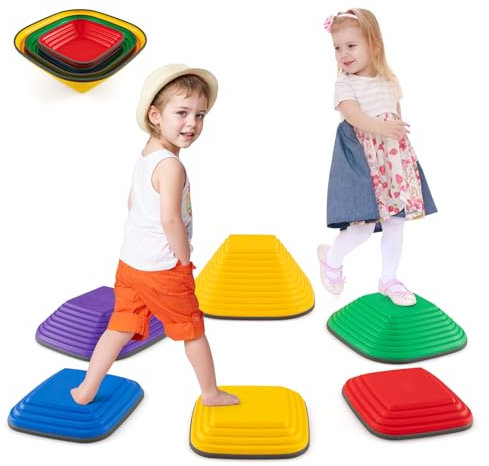 COSTWAY Kids Stepping Stones, 6/11-Piece Children Obstacle Course Stackable Balance Blocks with Non-Slip Edge, Square Sensory Balance Stones for Toddlers (Multicolor, 6-Piece)