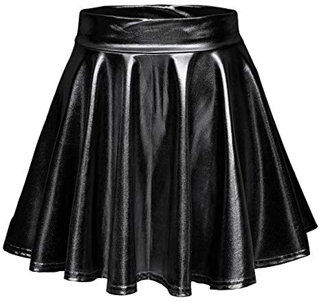 EXCHIC Dam glänsande metallisk våt look stretchig utsvängd mini skater-kjol, Svart, XS