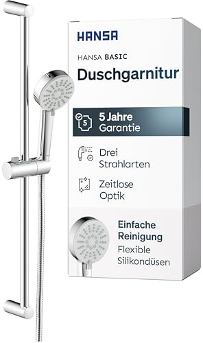 HANSA BASIC Duschgarnitur | Duschkopf mit Schlauch und Duschstange 70cm I Duschbrause mit 3 Strahlarten | Duschschlauch 1500 mm | Mit Duschkopfhalterung I Duschset ohne Armatur | Chrom