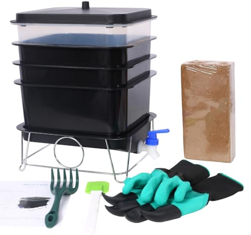 Outill Worm Farm Kit,Worm Composter for Vermicomposting Starter, Indoor & Outdoor Worm Composter, Worm Compost Bin for Recycling Food Waste (Black,4-Tray 20L)