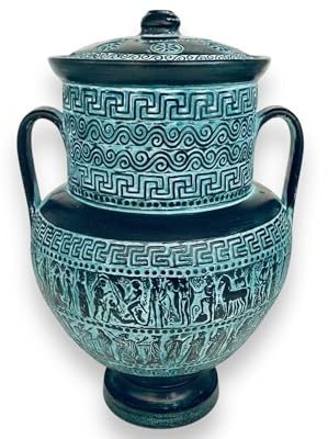 Relief terracotta Amphora Vase 30cm with lid,Ancient Greek Mythology Scenes,Green Patina