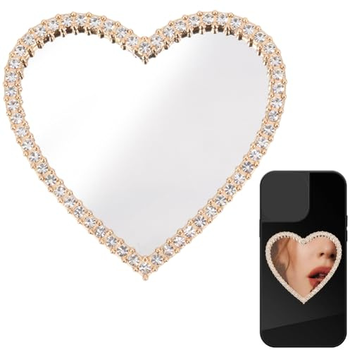 SUNNYCLUE 1 Box 2 Stück Spiegel Aufkleber Schminkspiegel Handyhülle Spiegel Handyanhänger Goldene Strasssteine Glasherz Make Up Smartphone Aufkleber Für Handy Basishüllen Zubehör Für Die Rückseite