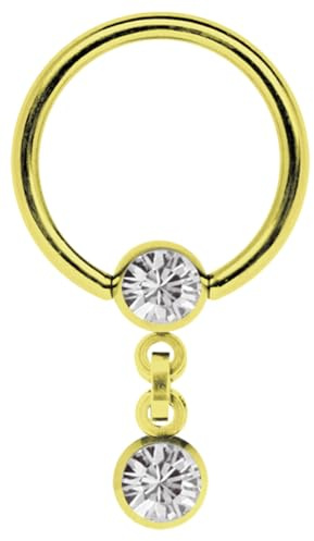 Piercing Ring, BCR, Gold, in 1,6 x 12 mm mit Kette und 5 mm Stein-Kugeln in klar