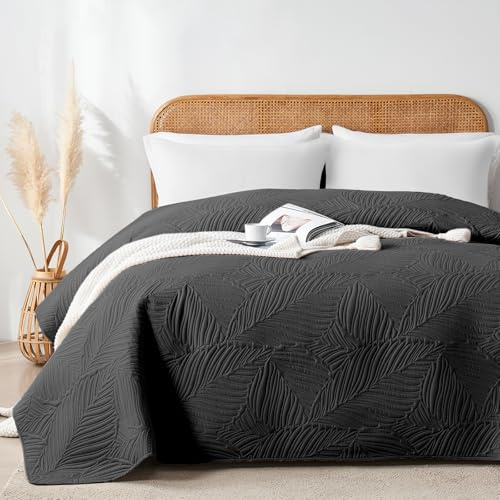 VIVA FINO Tagesdecke 220x240 cm,Schwarz Ultrasonic Steppdecke,Leicht,Weich und Pflegeleicht,Doppelseitig,Bettüberwurf mit Blattmuster,Ideal für alle Jahreszeiten,Für Bett und Sofa