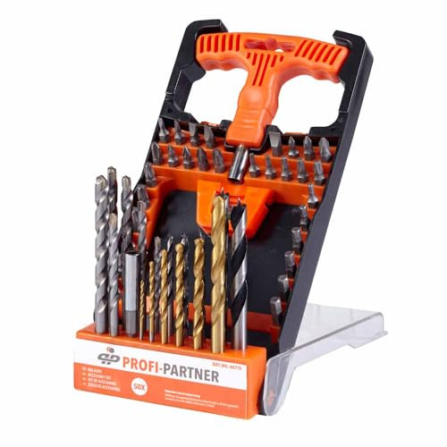 PROFI-PARTNER Juego de 50 brocas y puntas con práctica caja de almacenamiento, acero HSS, brocas CR-V, para madera, metal, plástico, perfecto para aficionados al bricolaje y profesionales