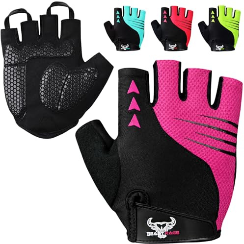 BEAST RAGE Guantes de Ciclismo de Medio Dedo para Hombres y Mujeres – Guantes de Bicicleta Acolchados, Transpirables, Antideslizantes, sin Dedos, Guantes de Bicicleta de Carretera (Rosa, L)