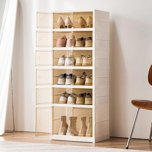 Zapatero con compartimentos, caja de zapatos, estante modular de plástico, con puerta, 44 x 34,5 x 117 cm, color blanco