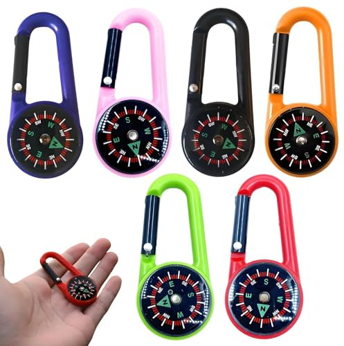 6 Stück Kompass Mit Karabinerhaken, Bunter Multifunktionaler Schlüsselanhänger, Tragbarer Mini-Kompass für Outdoor Camping Wanderung (6 Farben)