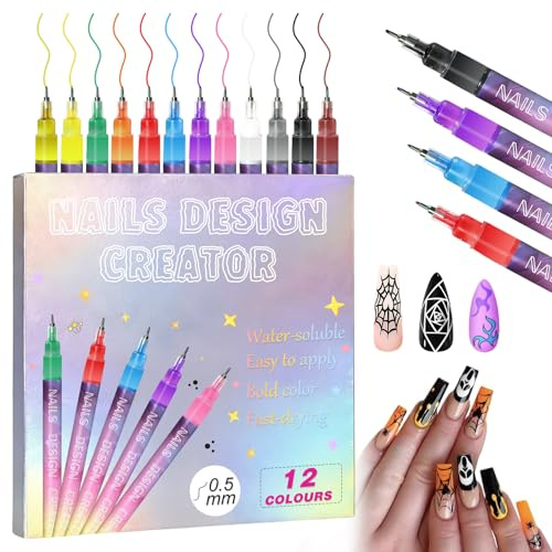 Kenmohuo 12 Colors Nail Art Pens Set, Nails Art Pens, 2025 New DIY Nail Polish Doodle Pens 3D Markers Fine Tip Drawing Painting Tools Suitable for Home Nail Salons Women