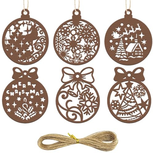 6 Stück Rost Deko Weihnachten – Metall Weihnachtsanhänger im Rost Design mit Schnur – Weihnachtsbaum Metall Schmuck & Rost Deko für Fenster, Tür & Tischdeko