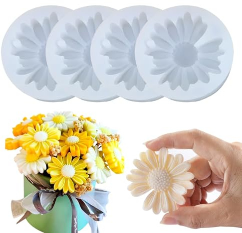 MFCGHXR Set di 4 Stampi in Silicone a Forma di Margherita 3D - per Candele, Saponi, Cioccolato e Decorazioni - Materiale Flessibile e Duraturo, Facile da Usare e Pulire
